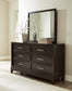 Neymorton King Upholstered Panel Bed with Mirrored Dresser, Chest and 2 Nightstands