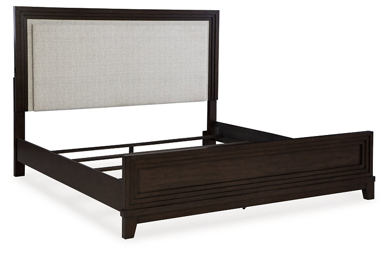 Neymorton King Upholstered Panel Bed with Mirrored Dresser and Nightstand