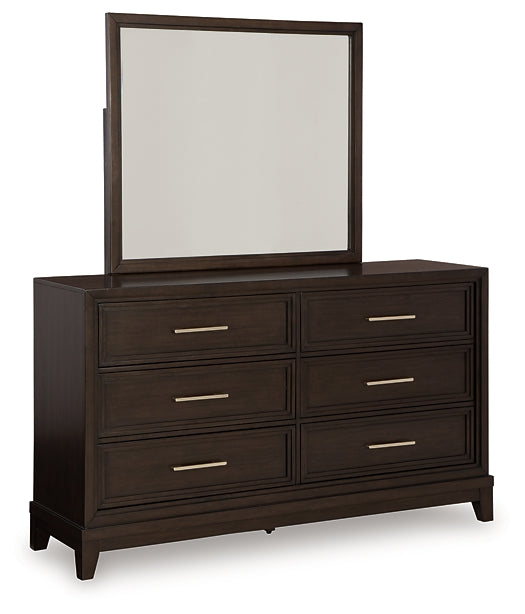 Neymorton California King Upholstered Panel Bed with Mirrored Dresser, Chest and Nightstand