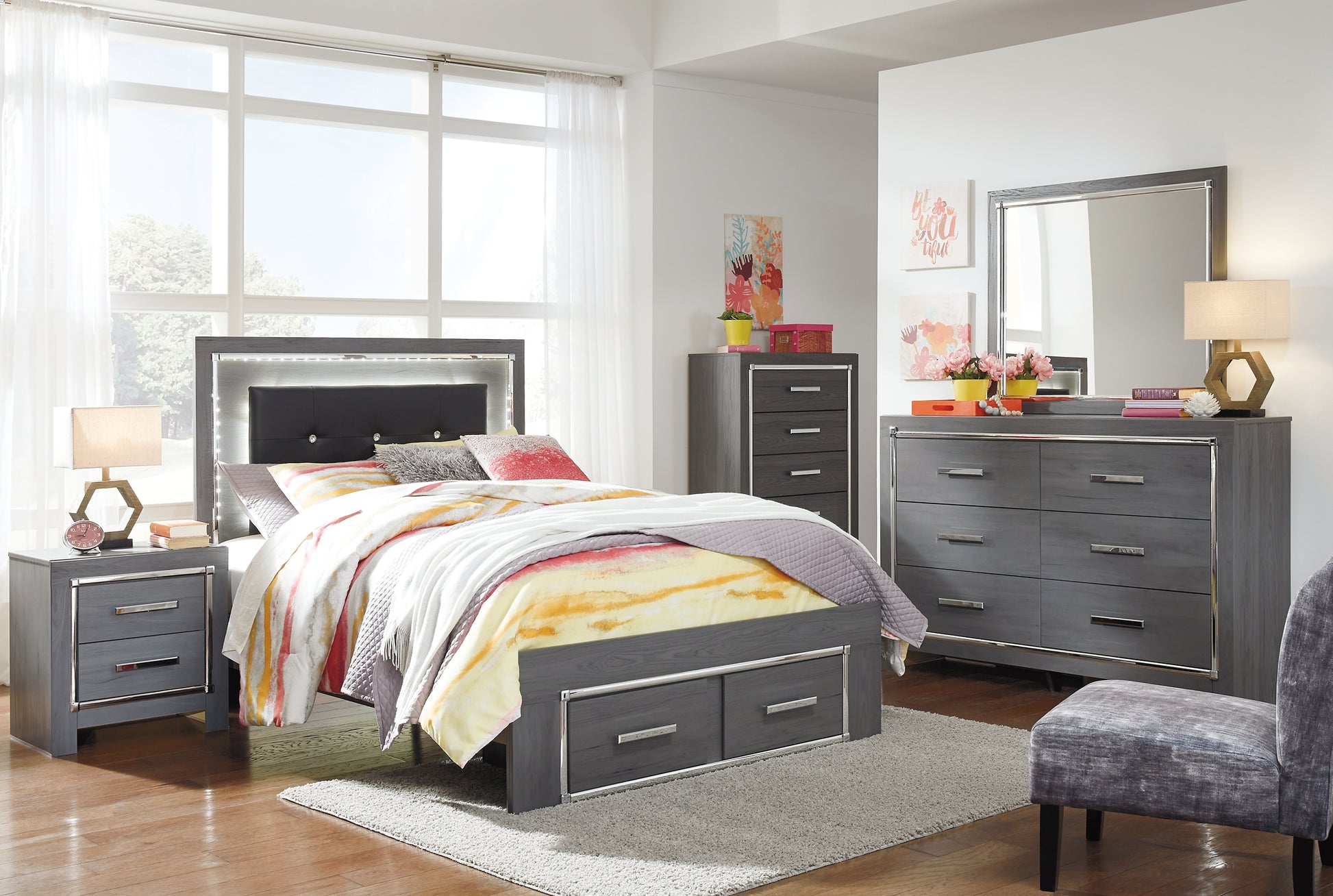 Lodanna Full Panel Bed with 2 Storage Drawers with Mirrored Dresser, Chest and 2 Nightstands Milwaukee Furniture of Chicago - Furniture Store in Chicago Serving Humbolt Park, Roscoe Village, Avondale, & Homan Square