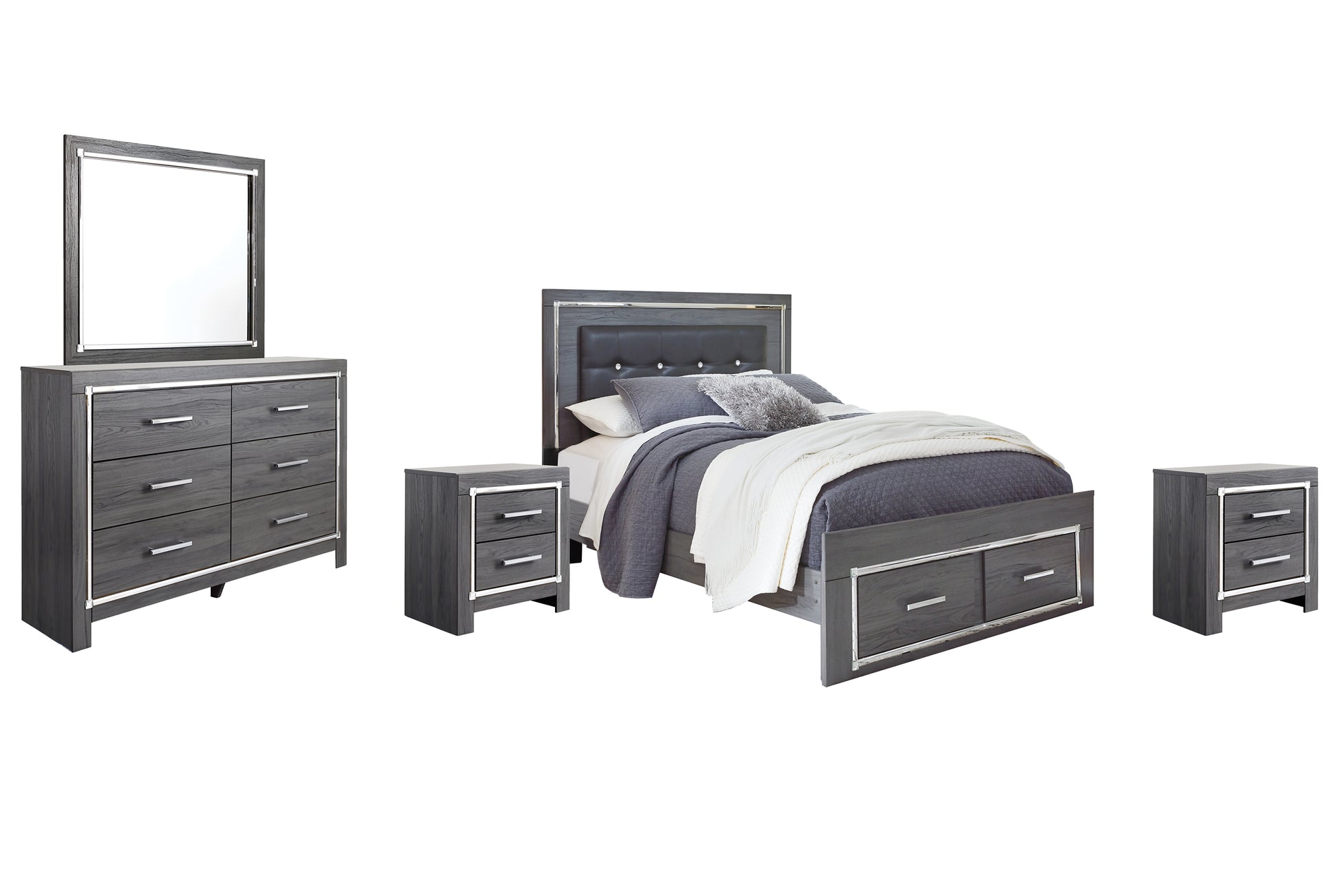 Lodanna Queen Panel Bed with 2 Storage Drawers with Mirrored Dresser and 2 Nightstands Milwaukee Furniture of Chicago - Furniture Store in Chicago Serving Humbolt Park, Roscoe Village, Avondale, & Homan Square