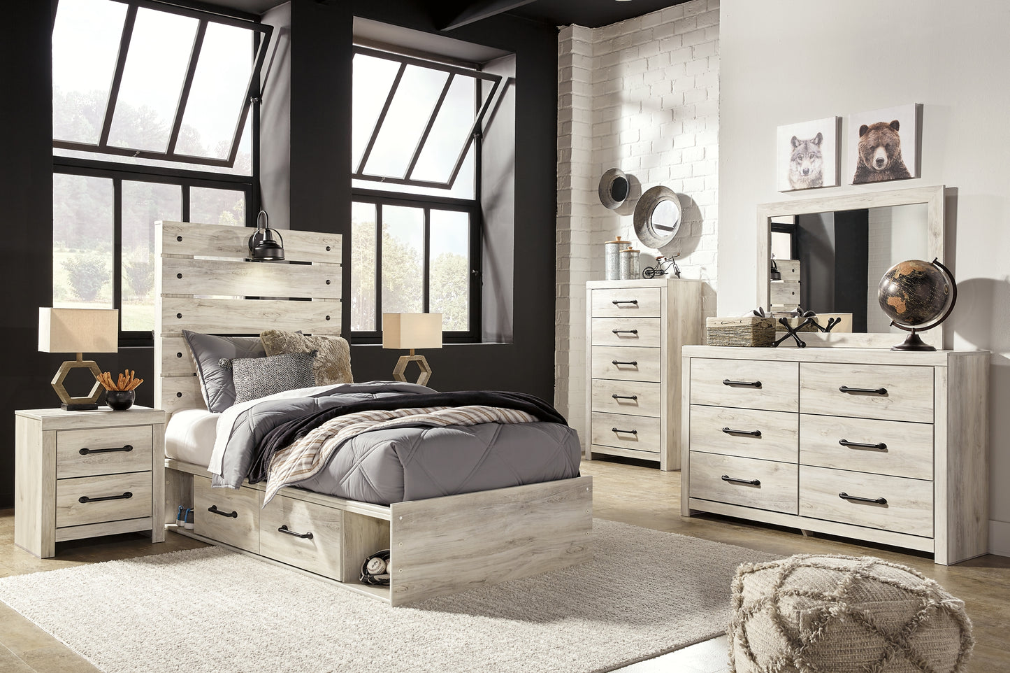 Cambeck Twin Panel Bed with 4 Storage Drawers with Mirrored Dresser, Chest and 2 Nightstands Milwaukee Furniture of Chicago - Furniture Store in Chicago Serving Humbolt Park, Roscoe Village, Avondale, & Homan Square