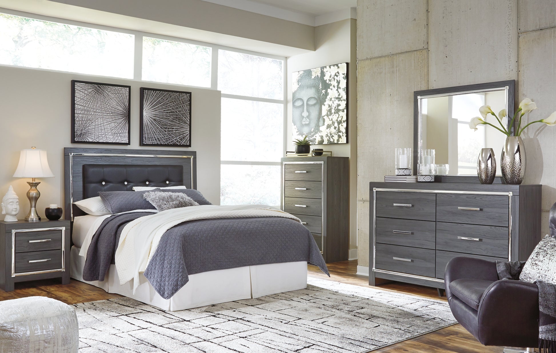 Lodanna Queen/Full Upholstered Panel Headboard with Mirrored Dresser, Chest and Nightstand Milwaukee Furniture of Chicago - Furniture Store in Chicago Serving Humbolt Park, Roscoe Village, Avondale, & Homan Square