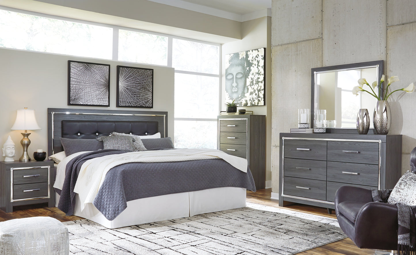 Lodanna King/California King Upholstered Panel Headboard with Mirrored Dresser, Chest and 2 Nightstands Milwaukee Furniture of Chicago - Furniture Store in Chicago Serving Humbolt Park, Roscoe Village, Avondale, & Homan Square