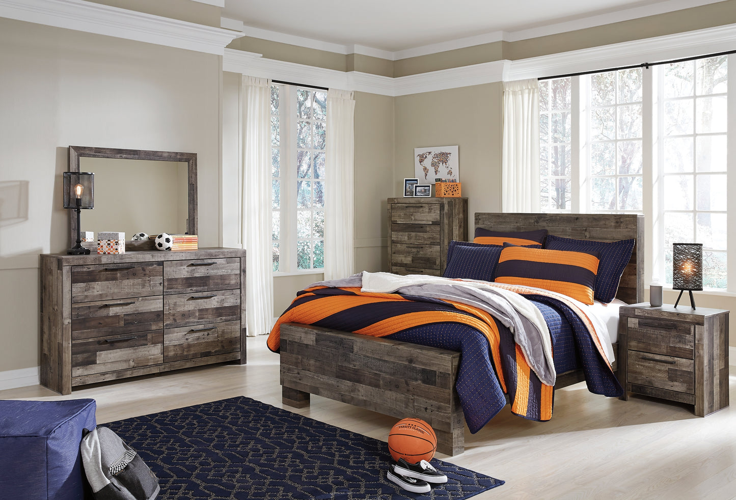 Derekson Full Panel Bed with Mirrored Dresser, Chest and Nightstand Milwaukee Furniture of Chicago - Furniture Store in Chicago Serving Humbolt Park, Roscoe Village, Avondale, & Homan Square