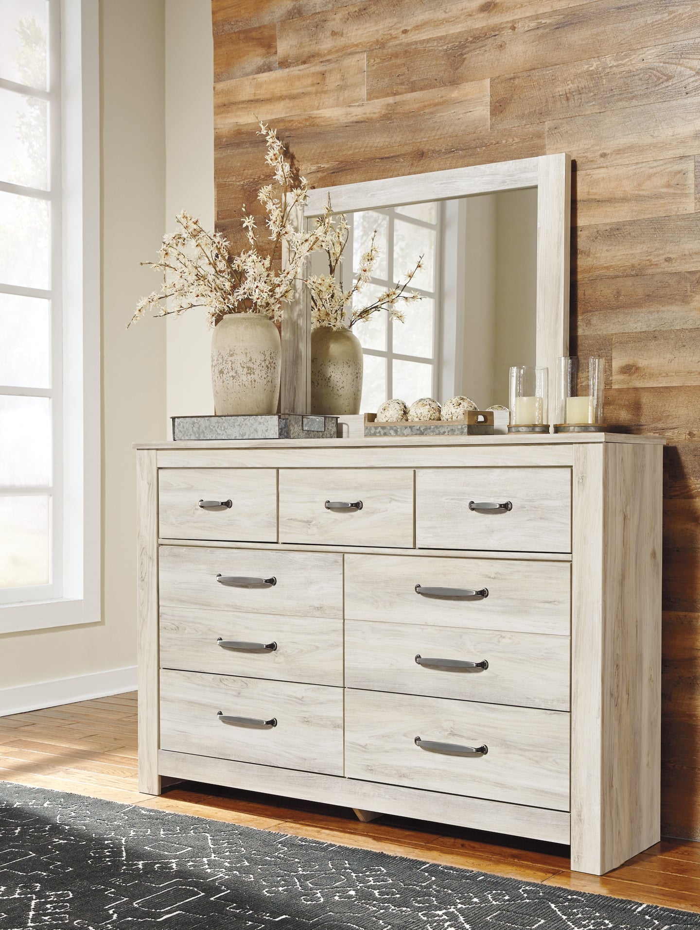 Bellaby Queen Crossbuck Panel Bed with Mirrored Dresser Milwaukee Furniture of Chicago - Furniture Store in Chicago Serving Humbolt Park, Roscoe Village, Avondale, & Homan Square