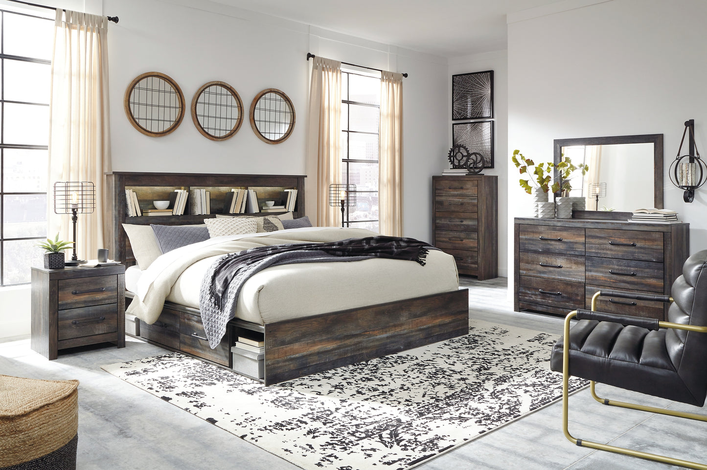 Drystan King Bookcase Bed with 2 Storage Drawers with Mirrored Dresser, Chest and Nightstand Milwaukee Furniture of Chicago - Furniture Store in Chicago Serving Humbolt Park, Roscoe Village, Avondale, & Homan Square