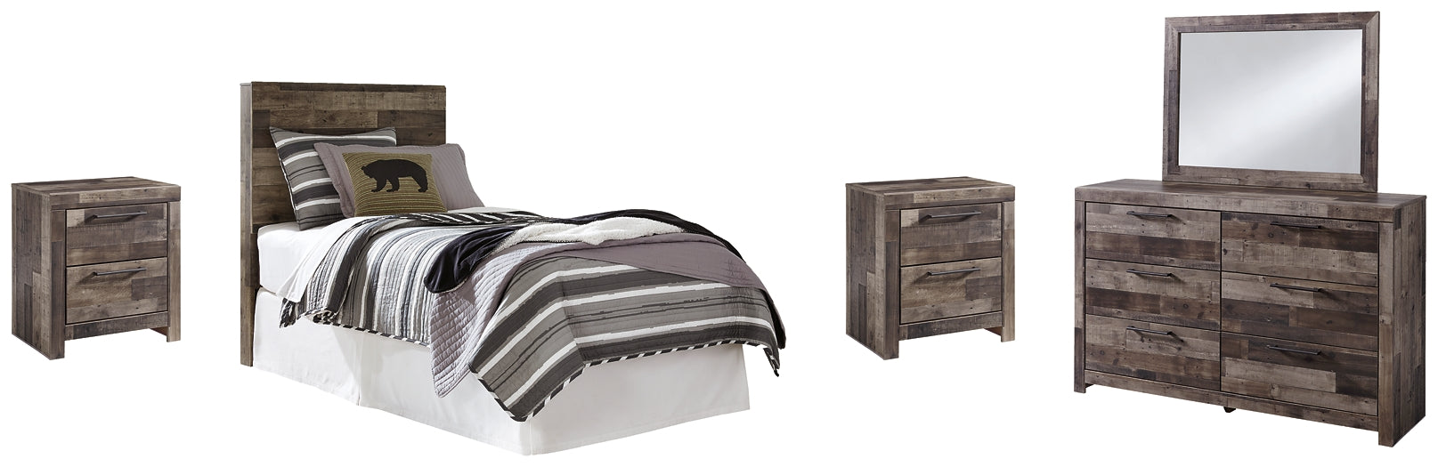 Derekson Twin Panel Headboard with Mirrored Dresser and 2 Nightstands Milwaukee Furniture of Chicago - Furniture Store in Chicago Serving Humbolt Park, Roscoe Village, Avondale, & Homan Square