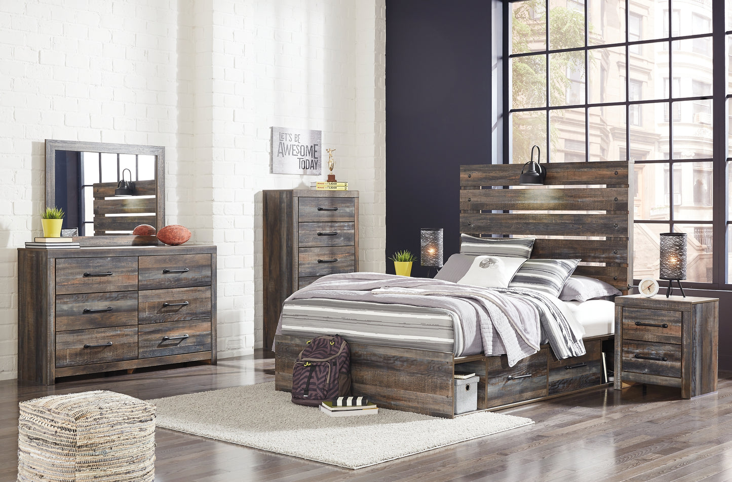 Drystan Twin Panel Bed with 2 Storage Drawers with Mirrored Dresser and 2 Nightstands Milwaukee Furniture of Chicago - Furniture Store in Chicago Serving Humbolt Park, Roscoe Village, Avondale, & Homan Square