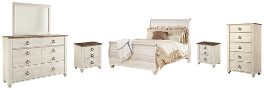 Willowton Queen Sleigh Bed with Mirrored Dresser, Chest and 2 Nightstands Milwaukee Furniture of Chicago - Furniture Store in Chicago Serving Humbolt Park, Roscoe Village, Avondale, & Homan Square