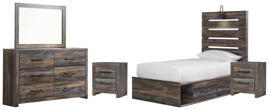 Drystan Twin Panel Bed with 4 Storage Drawers with Mirrored Dresser and 2 Nightstands Milwaukee Furniture of Chicago - Furniture Store in Chicago Serving Humbolt Park, Roscoe Village, Avondale, & Homan Square