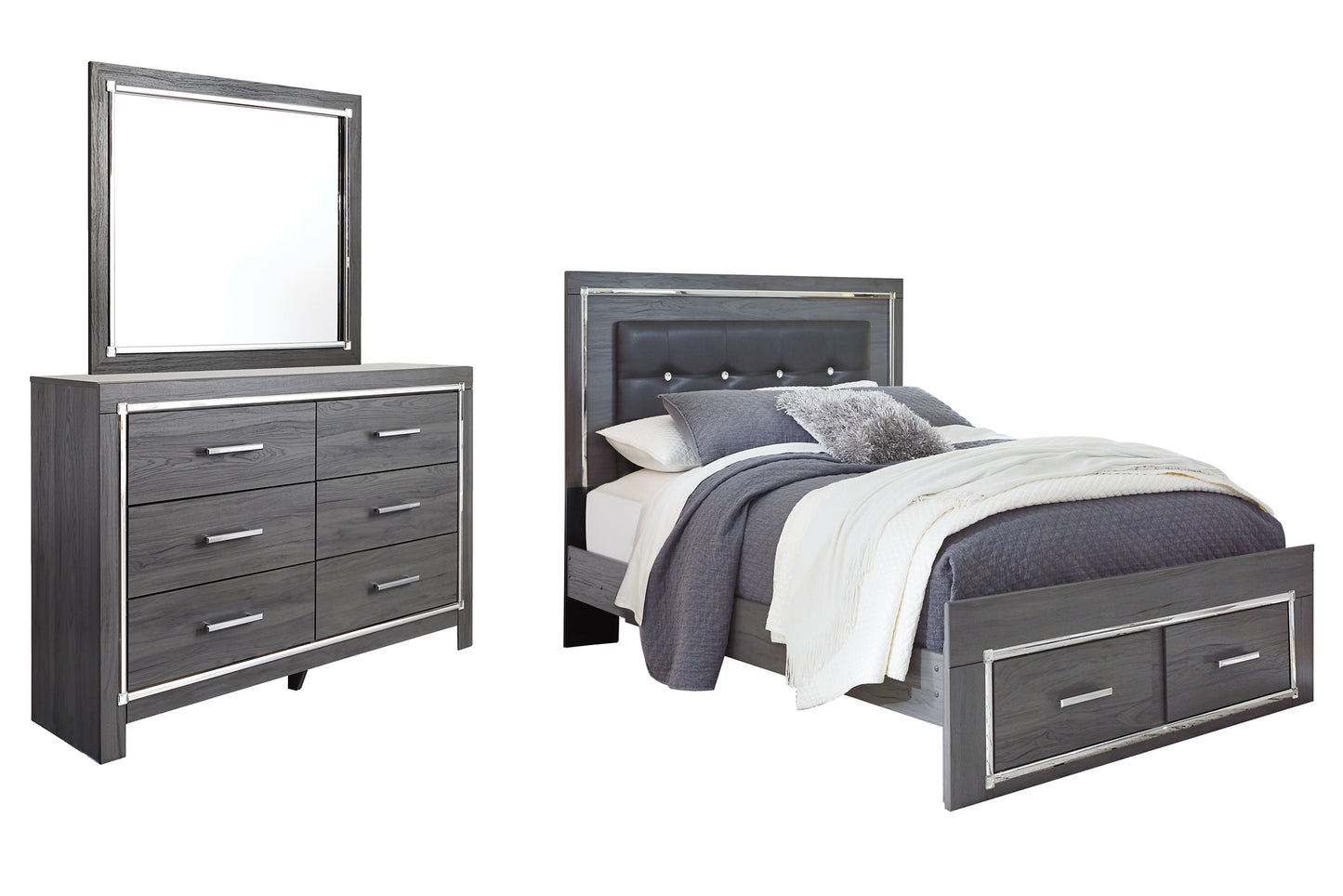 Lodanna Queen Panel Bed with 2 Storage Drawers with Mirrored Dresser Milwaukee Furniture of Chicago - Furniture Store in Chicago Serving Humbolt Park, Roscoe Village, Avondale, & Homan Square