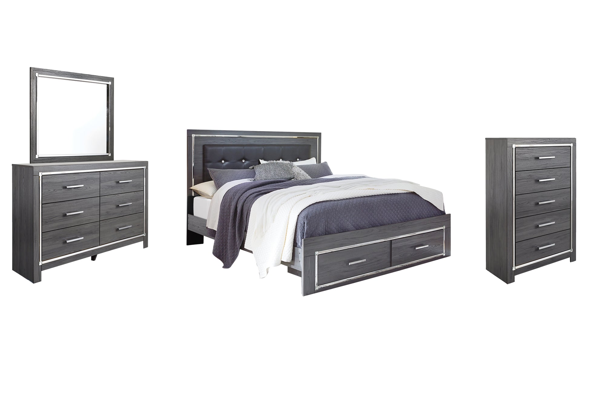 Lodanna King Panel Bed with 2 Storage Drawers with Mirrored Dresser and 2 Nightstands Milwaukee Furniture of Chicago - Furniture Store in Chicago Serving Humbolt Park, Roscoe Village, Avondale, & Homan Square