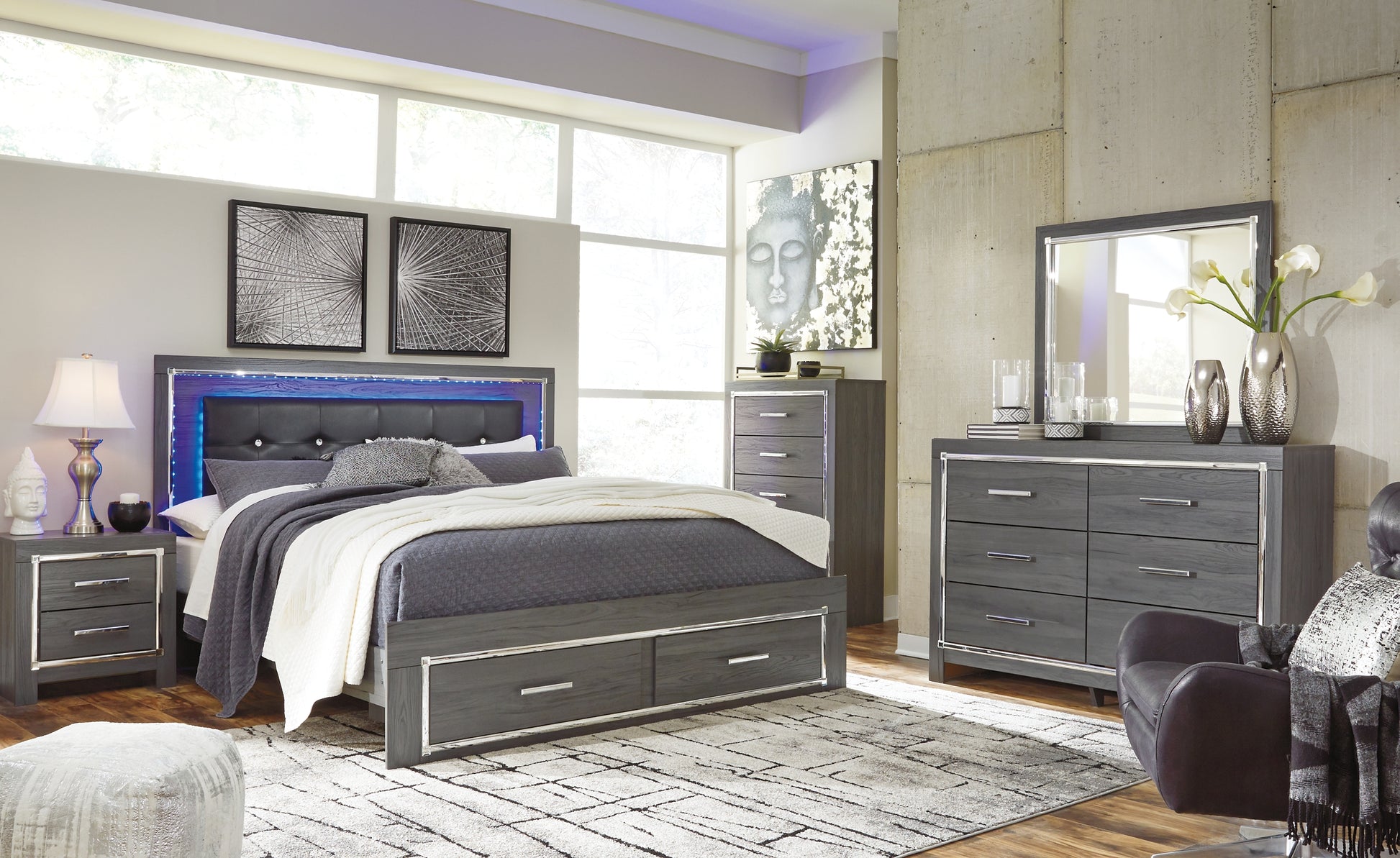 Lodanna King Panel Bed with 2 Storage Drawers with Mirrored Dresser and 2 Nightstands Milwaukee Furniture of Chicago - Furniture Store in Chicago Serving Humbolt Park, Roscoe Village, Avondale, & Homan Square