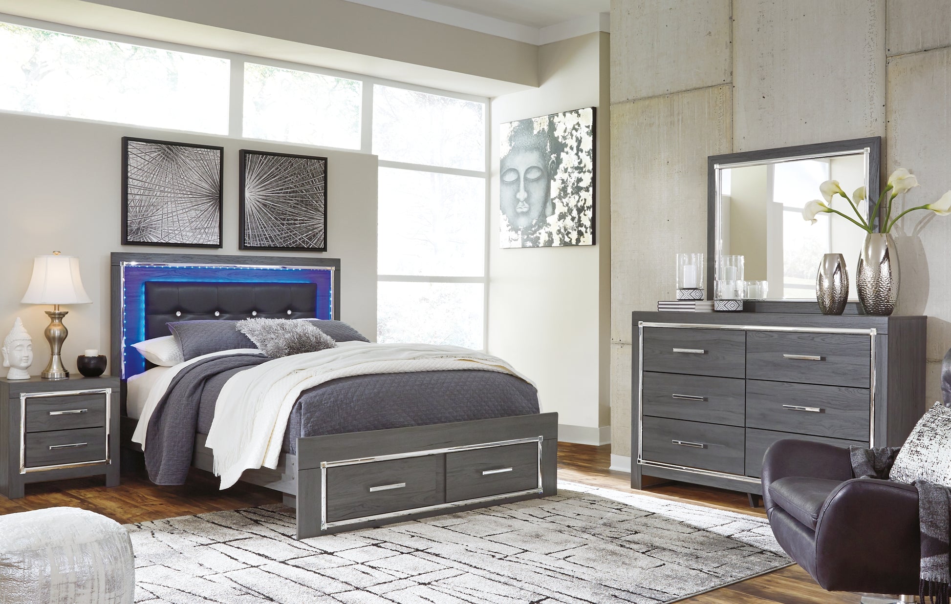 Lodanna Queen Panel Bed with 2 Storage Drawers with Mirrored Dresser Milwaukee Furniture of Chicago - Furniture Store in Chicago Serving Humbolt Park, Roscoe Village, Avondale, & Homan Square