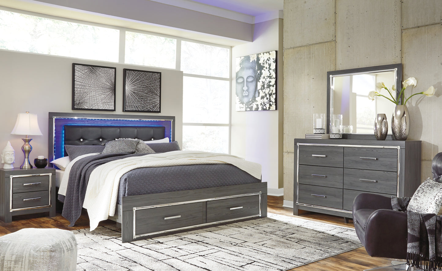 Lodanna Queen Panel Bed with 2 Storage Drawers with Mirrored Dresser Milwaukee Furniture of Chicago - Furniture Store in Chicago Serving Humbolt Park, Roscoe Village, Avondale, & Homan Square