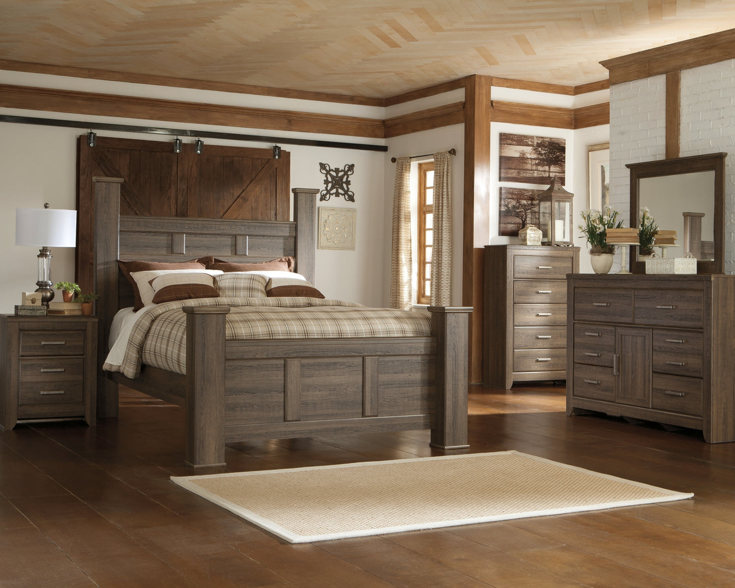 Juararo Queen Poster Bed with Mirrored Dresser, Chest and Nightstand Milwaukee Furniture of Chicago - Furniture Store in Chicago Serving Humbolt Park, Roscoe Village, Avondale, & Homan Square