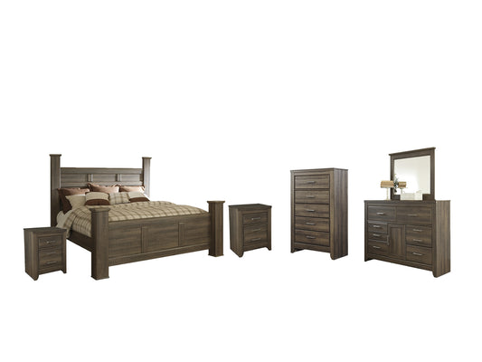 Juararo King Poster Bed with Mirrored Dresser, Chest and 2 Nightstands Milwaukee Furniture of Chicago - Furniture Store in Chicago Serving Humbolt Park, Roscoe Village, Avondale, & Homan Square