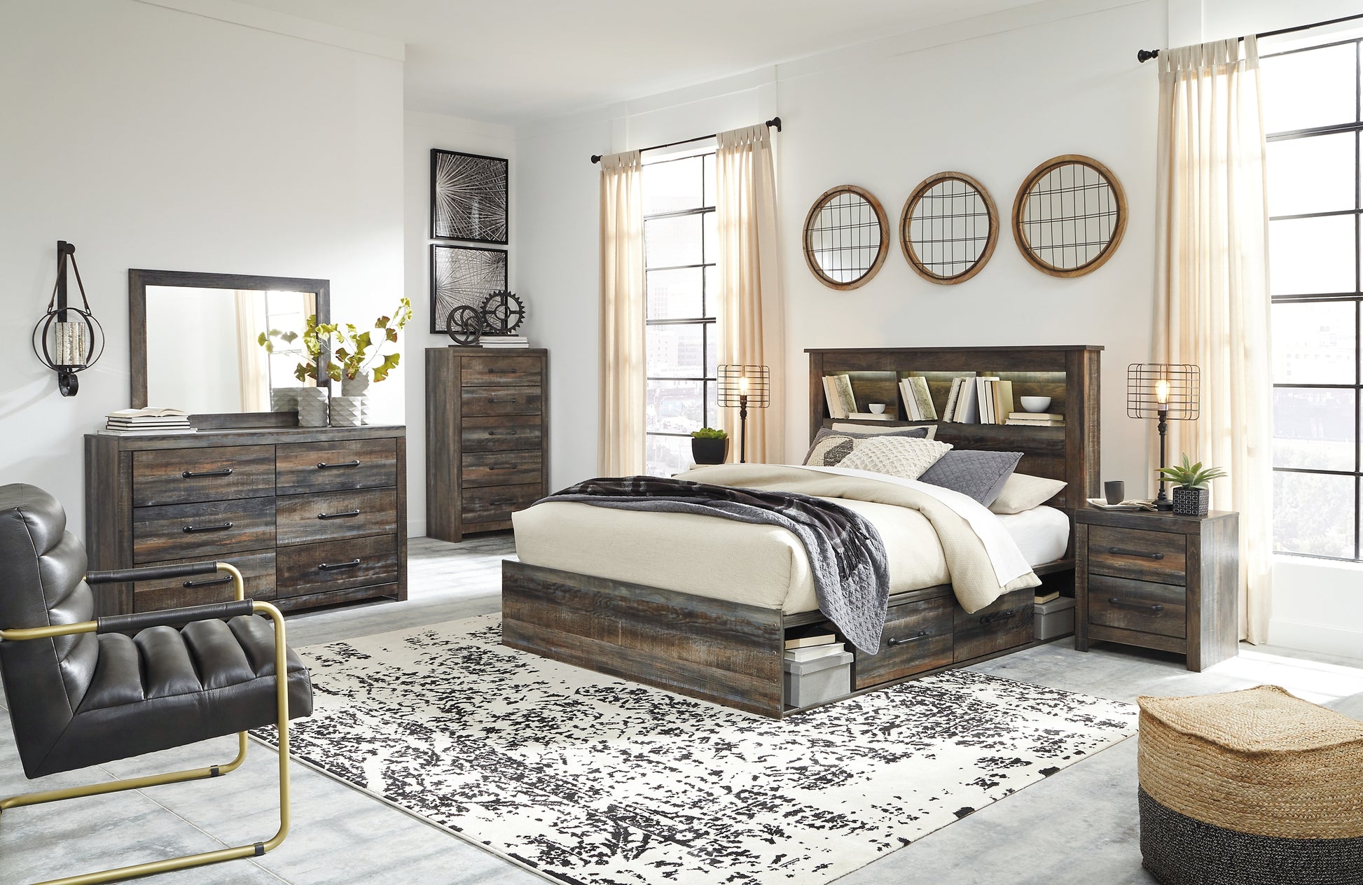 Drystan Queen Bookcase Bed with 4 Storage Drawers with Mirrored Dresser, Chest and 2 Nightstands Milwaukee Furniture of Chicago - Furniture Store in Chicago Serving Humbolt Park, Roscoe Village, Avondale, & Homan Square