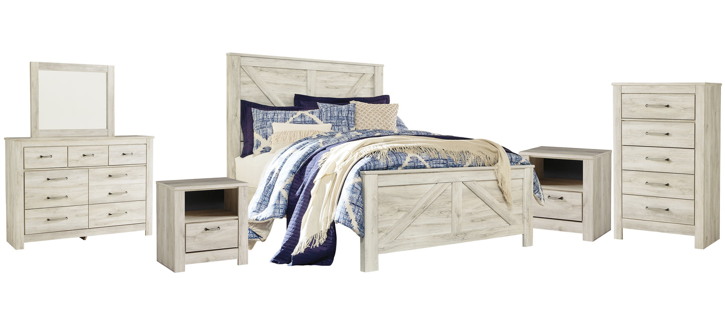 Bellaby Queen Crossbuck Panel Bed with Mirrored Dresser, Chest and 2 Nightstands Milwaukee Furniture of Chicago - Furniture Store in Chicago Serving Humbolt Park, Roscoe Village, Avondale, & Homan Square