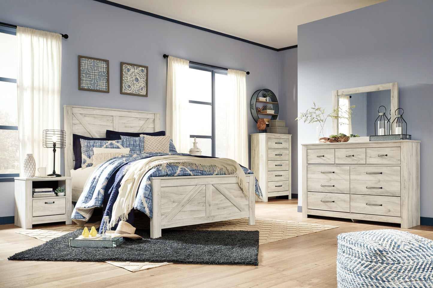 Bellaby Queen Crossbuck Panel Bed with Mirrored Dresser, Chest and 2 Nightstands Milwaukee Furniture of Chicago - Furniture Store in Chicago Serving Humbolt Park, Roscoe Village, Avondale, & Homan Square