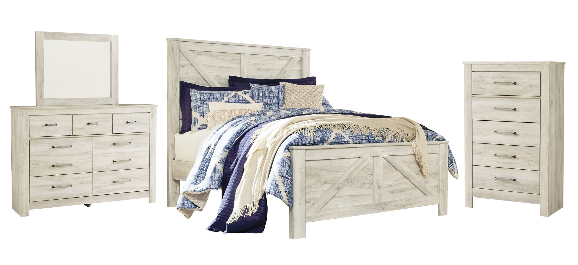 Bellaby Queen Crossbuck Panel Bed with Mirrored Dresser and Chest Milwaukee Furniture of Chicago - Furniture Store in Chicago Serving Humbolt Park, Roscoe Village, Avondale, & Homan Square