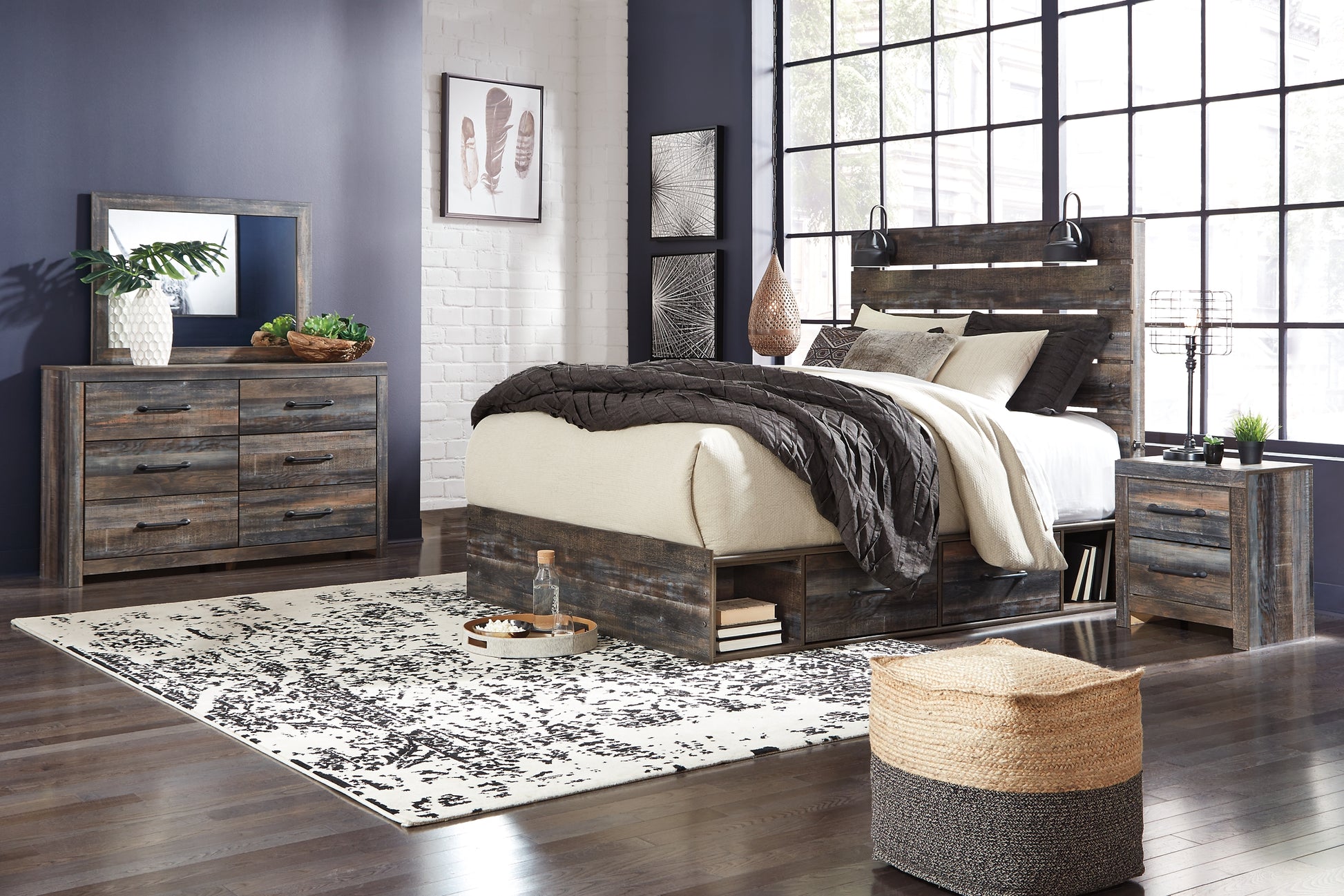 Drystan King Panel Bed with 4 Storage Drawers with Mirrored Dresser Milwaukee Furniture of Chicago - Furniture Store in Chicago Serving Humbolt Park, Roscoe Village, Avondale, & Homan Square