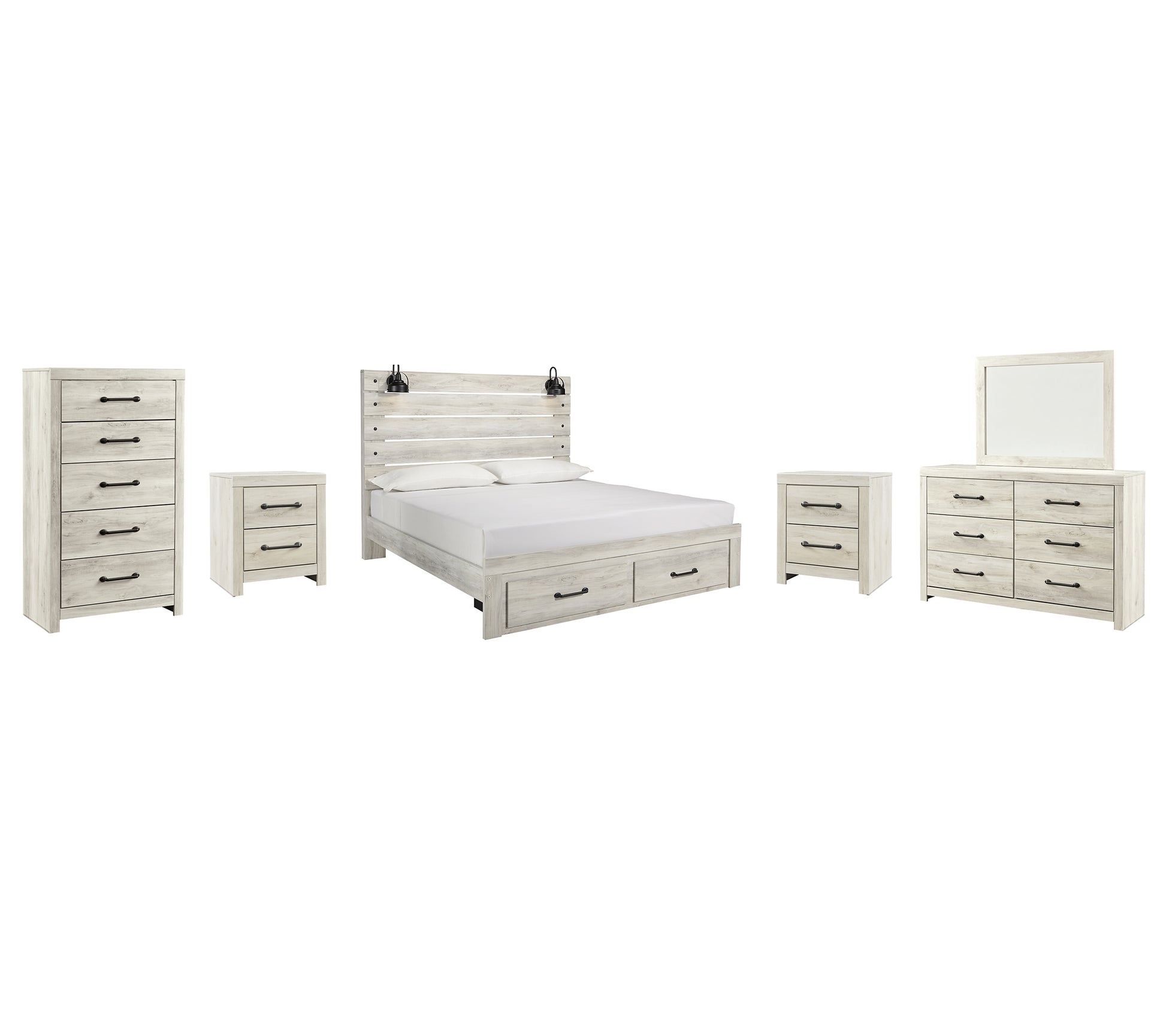 Cambeck Queen Panel Bed with 2 Storage Drawers with Mirrored Dresser, Chest and 2 Nightstands Milwaukee Furniture of Chicago - Furniture Store in Chicago Serving Humbolt Park, Roscoe Village, Avondale, & Homan Square