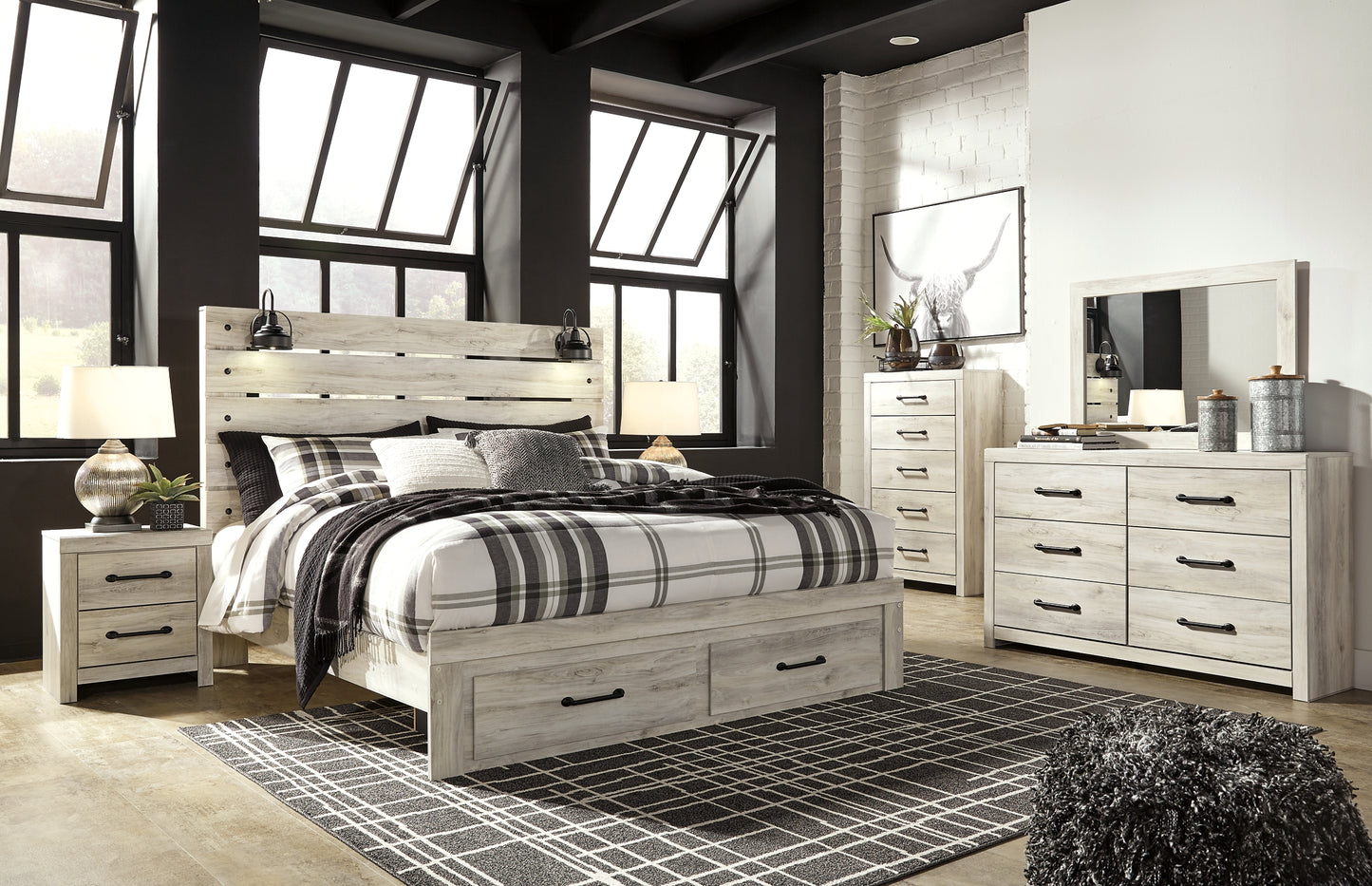 Cambeck Queen Panel Bed with 2 Storage Drawers with Mirrored Dresser, Chest and 2 Nightstands Milwaukee Furniture of Chicago - Furniture Store in Chicago Serving Humbolt Park, Roscoe Village, Avondale, & Homan Square