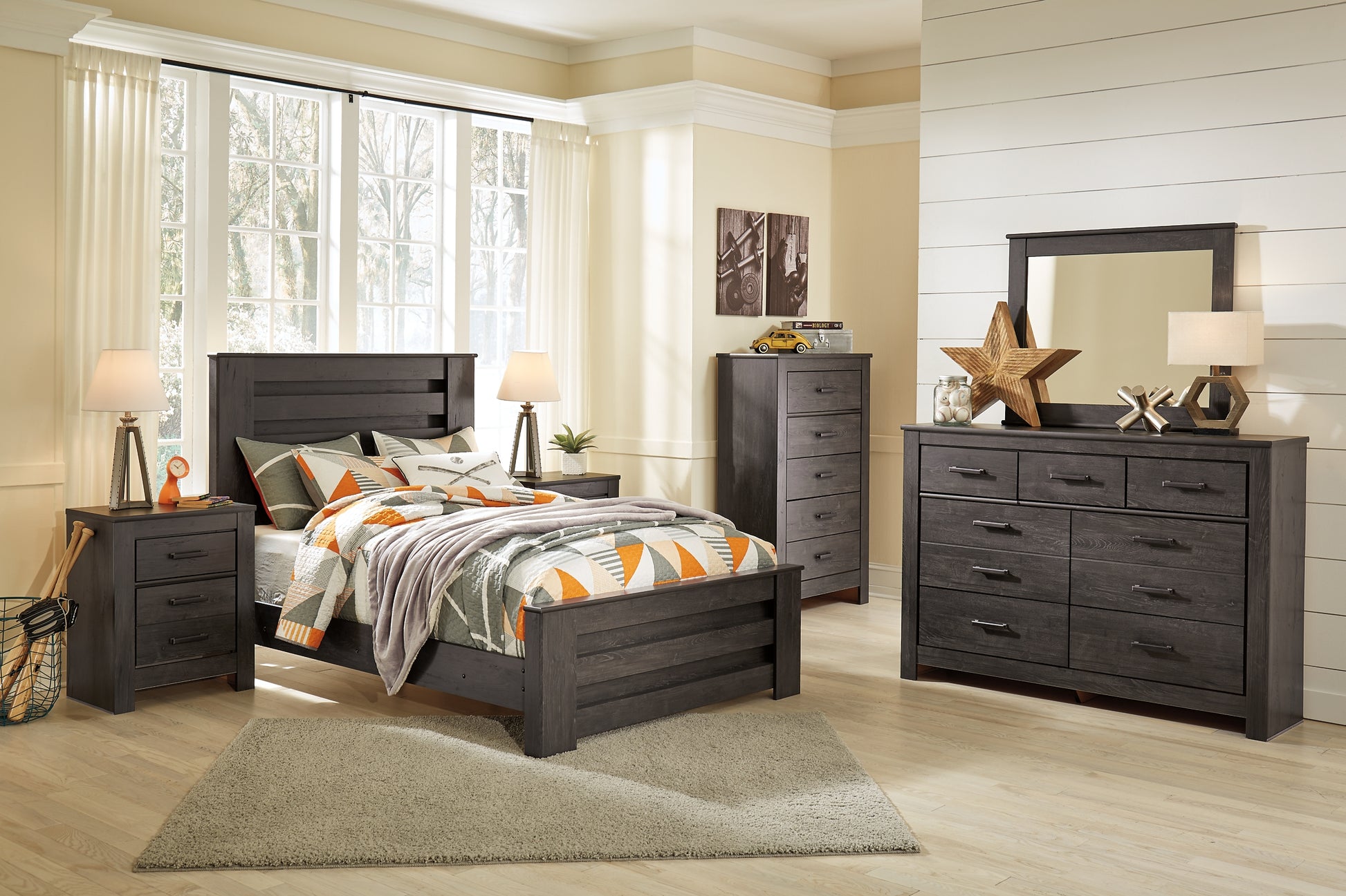 Brinxton Full Panel Bed with Mirrored Dresser, Chest and 2 Nightstands Milwaukee Furniture of Chicago - Furniture Store in Chicago Serving Humbolt Park, Roscoe Village, Avondale, & Homan Square