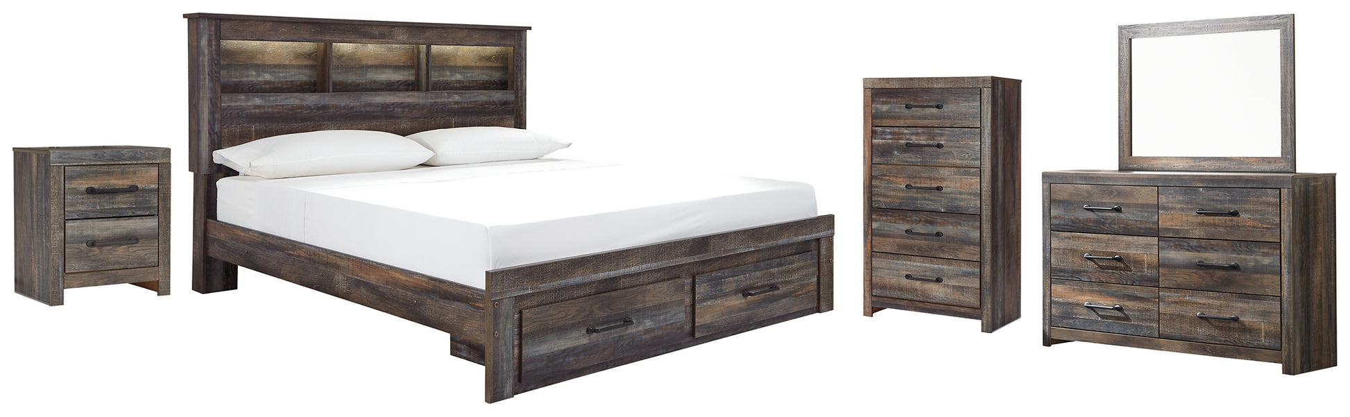 Drystan Queen Bookcase Bed with 2 Storage Drawers with Mirrored Dresser, Chest and Nightstand Milwaukee Furniture of Chicago - Furniture Store in Chicago Serving Humbolt Park, Roscoe Village, Avondale, & Homan Square