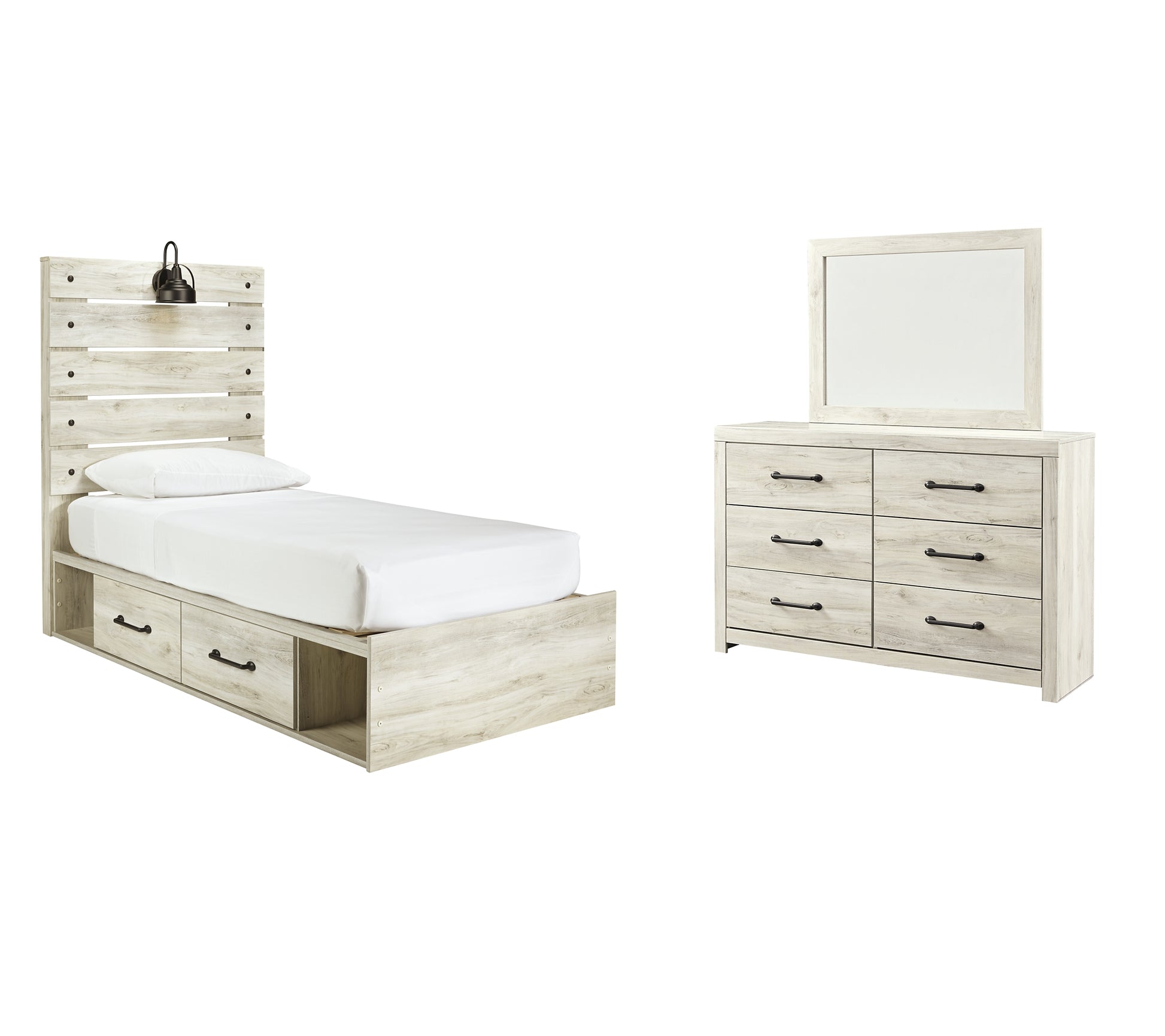 Cambeck Twin Panel Bed with 4 Storage Drawers with Mirrored Dresser Milwaukee Furniture of Chicago - Furniture Store in Chicago Serving Humbolt Park, Roscoe Village, Avondale, & Homan Square