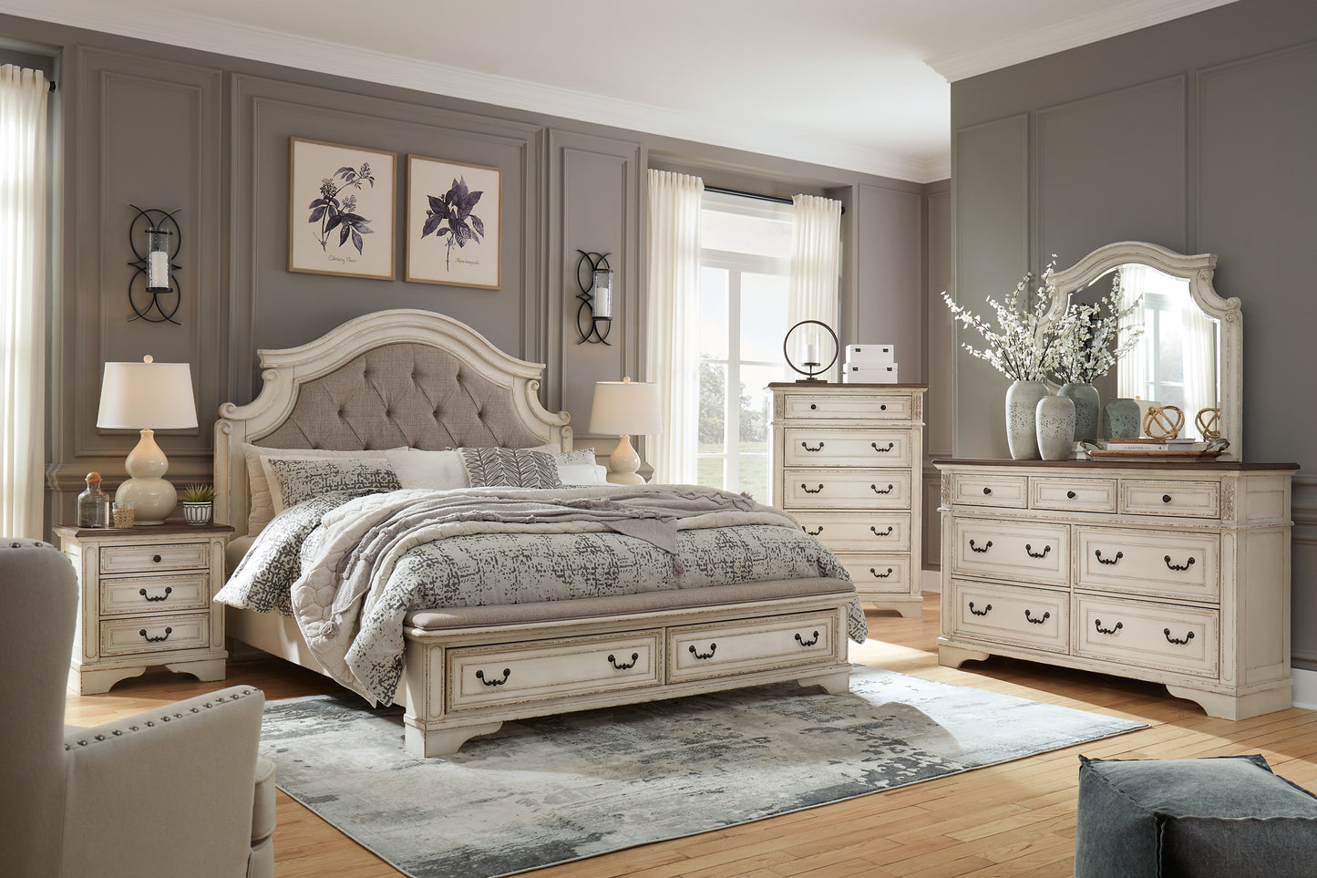 Realyn King Upholstered Bed with Mirrored Dresser and Chest Milwaukee Furniture of Chicago - Furniture Store in Chicago Serving Humbolt Park, Roscoe Village, Avondale, & Homan Square