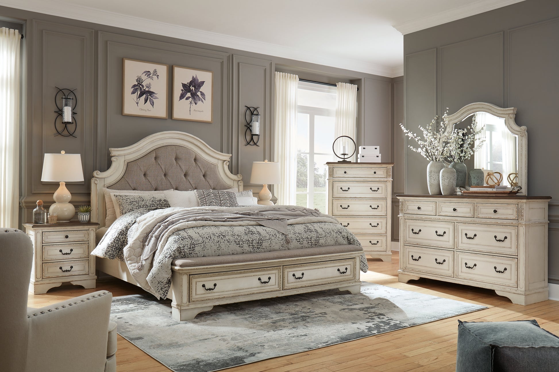 Realyn California King Upholstered Bed with Mirrored Dresser Milwaukee Furniture of Chicago - Furniture Store in Chicago Serving Humbolt Park, Roscoe Village, Avondale, & Homan Square