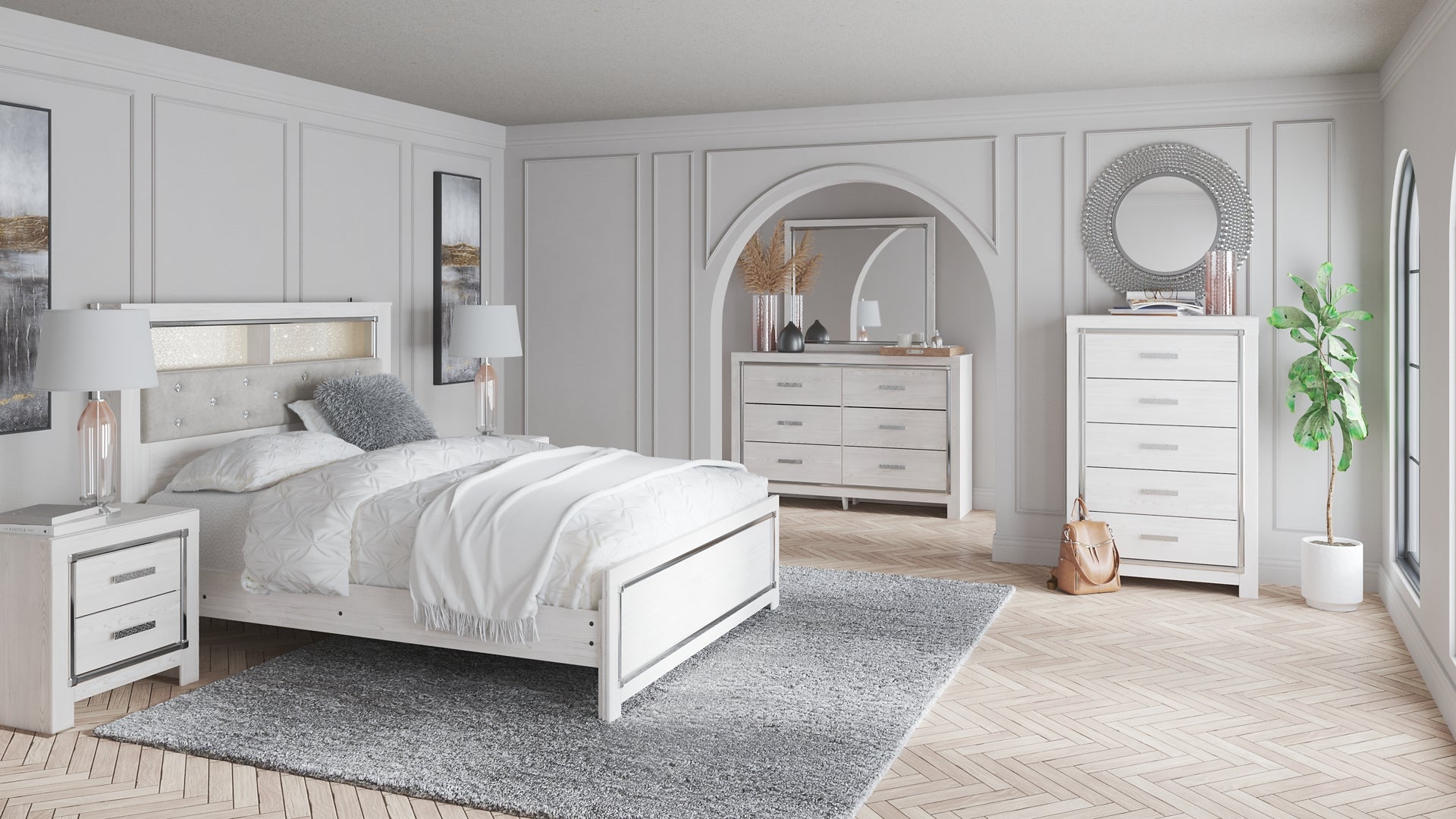 Altyra Queen Panel Bookcase Bed with Mirrored Dresser and 2 Nightstands Milwaukee Furniture of Chicago - Furniture Store in Chicago Serving Humbolt Park, Roscoe Village, Avondale, & Homan Square