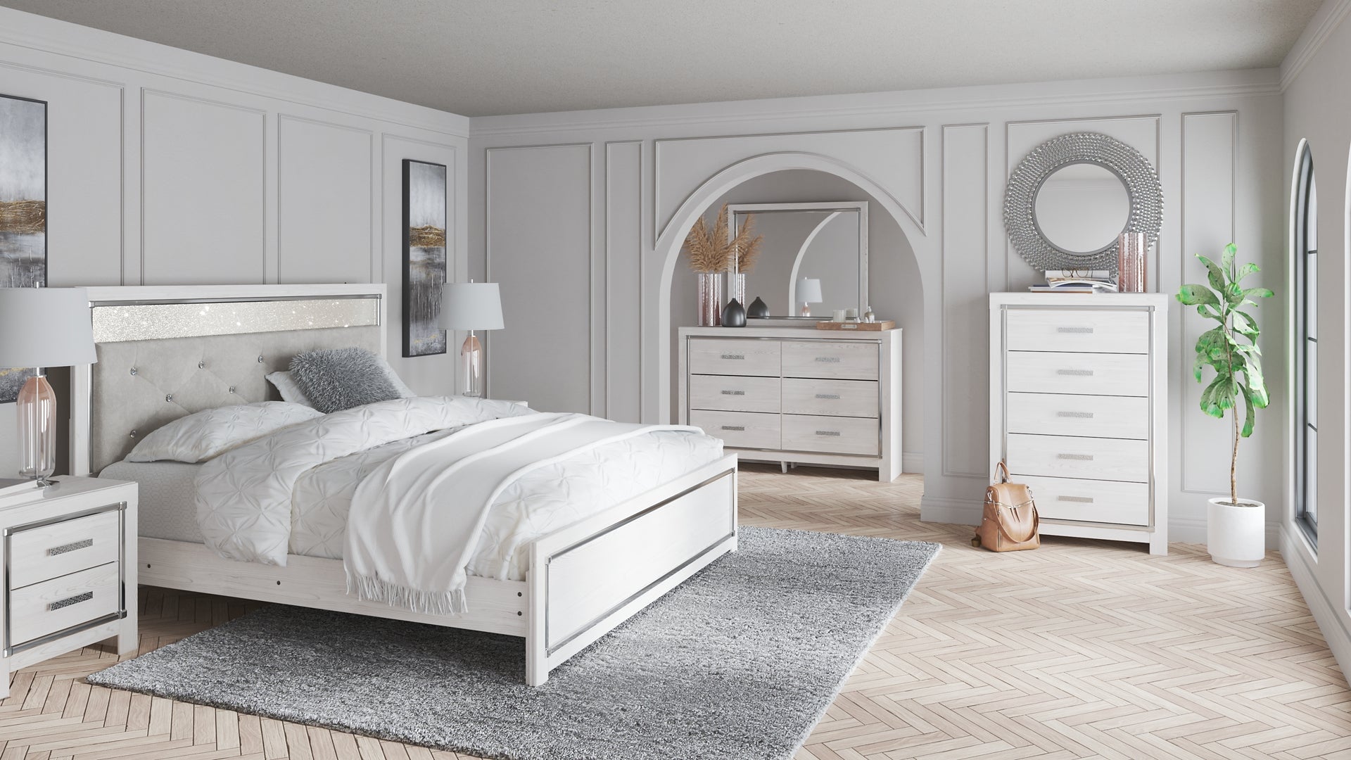 Altyra King Panel Bed with Mirrored Dresser, Chest and Nightstand Milwaukee Furniture of Chicago - Furniture Store in Chicago Serving Humbolt Park, Roscoe Village, Avondale, & Homan Square