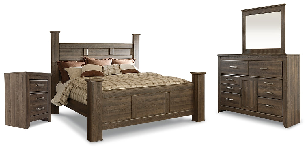 Juararo King Poster Bed with Mirrored Dresser and Nightstand Milwaukee Furniture of Chicago - Furniture Store in Chicago Serving Humbolt Park, Roscoe Village, Avondale, & Homan Square