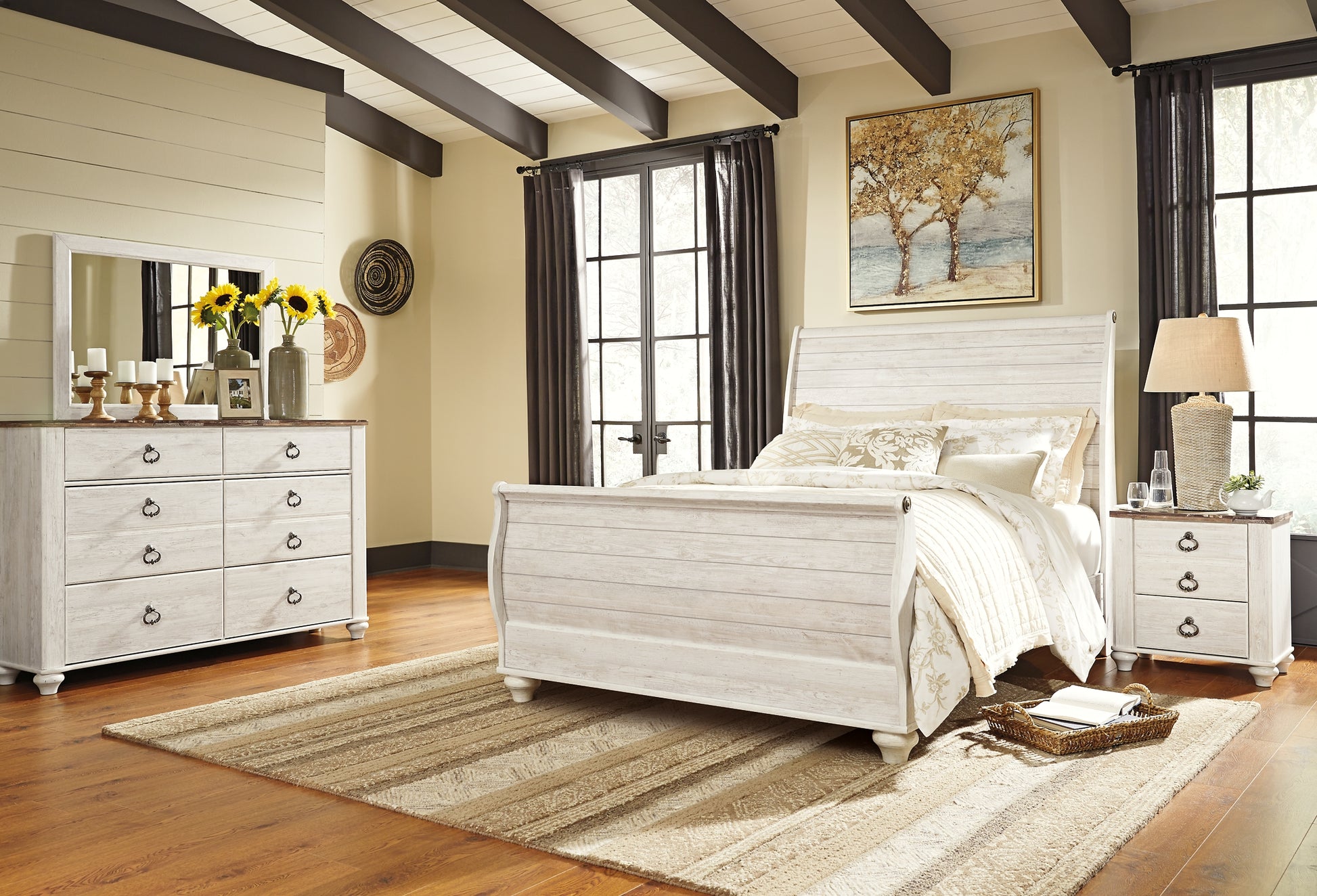 Willowton Queen Sleigh Bed with Mirrored Dresser and Nightstand Milwaukee Furniture of Chicago - Furniture Store in Chicago Serving Humbolt Park, Roscoe Village, Avondale, & Homan Square