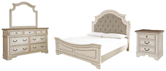 Realyn King Upholstered Panel Bed with Mirrored Dresser and Nightstand Milwaukee Furniture of Chicago - Furniture Store in Chicago Serving Humbolt Park, Roscoe Village, Avondale, & Homan Square