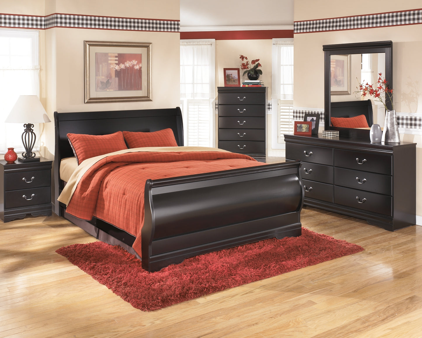 Huey Vineyard Queen Sleigh Bed with Mirrored Dresser, Chest and Nightstand Milwaukee Furniture of Chicago - Furniture Store in Chicago Serving Humbolt Park, Roscoe Village, Avondale, & Homan Square