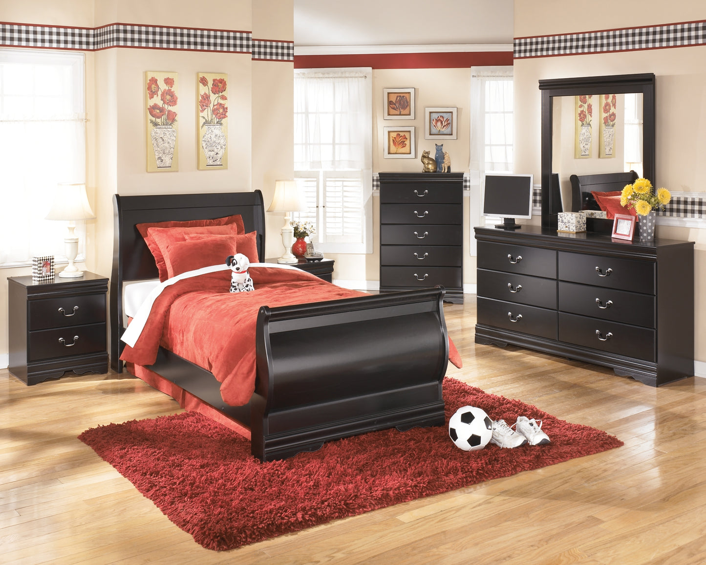 Huey Vineyard Twin Sleigh Bed with Mirrored Dresser, Chest and 2 Nightstands Milwaukee Furniture of Chicago - Furniture Store in Chicago Serving Humbolt Park, Roscoe Village, Avondale, & Homan Square