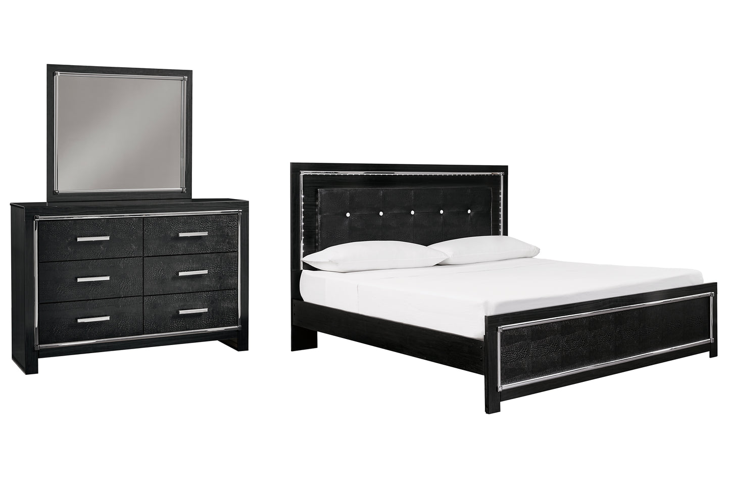 Kaydell King Upholstered Panel Bed with Mirrored Dresser Milwaukee Furniture of Chicago - Furniture Store in Chicago Serving Humbolt Park, Roscoe Village, Avondale, & Homan Square