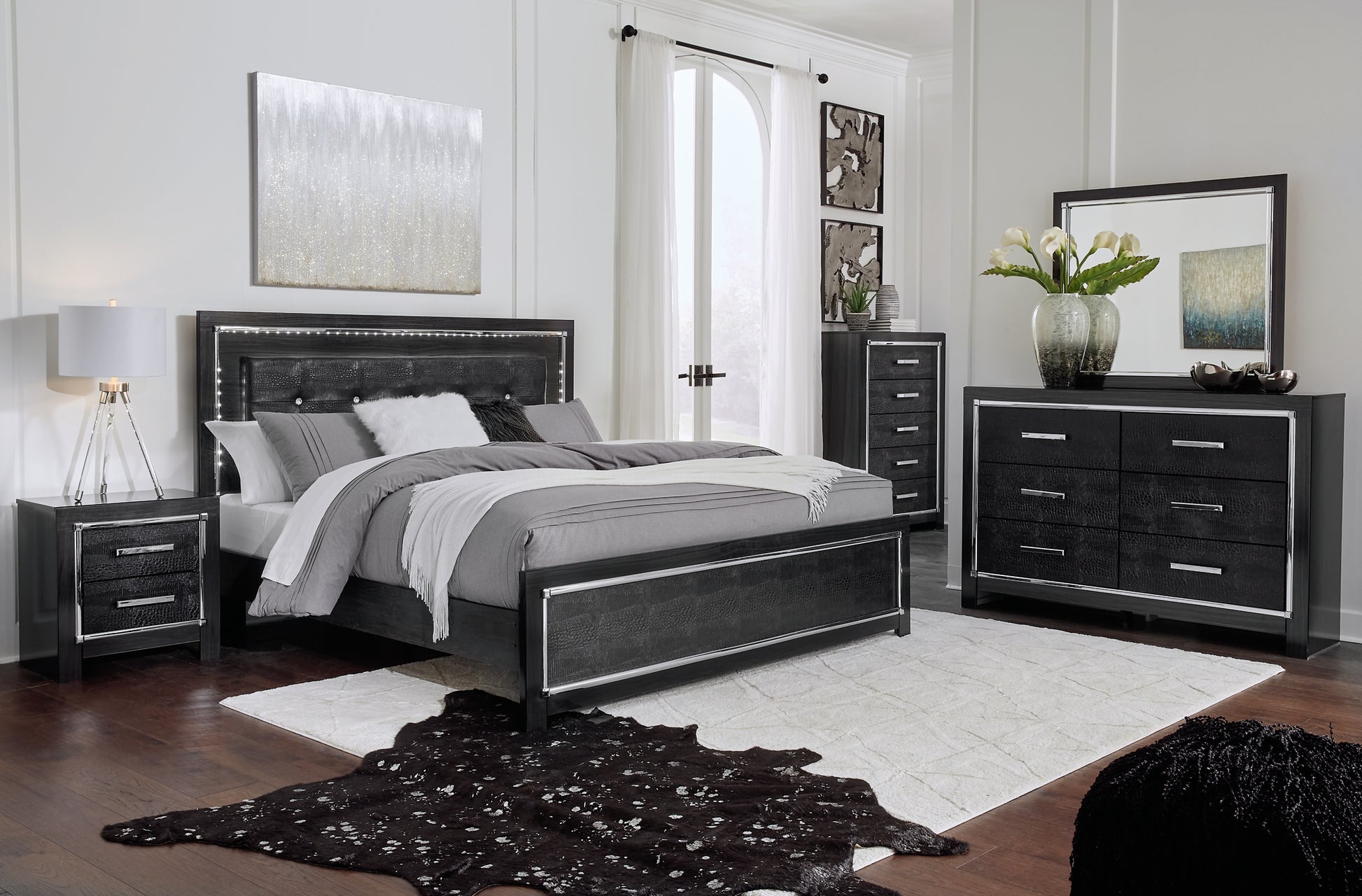 Kaydell King Upholstered Panel Bed with Mirrored Dresser Milwaukee Furniture of Chicago - Furniture Store in Chicago Serving Humbolt Park, Roscoe Village, Avondale, & Homan Square