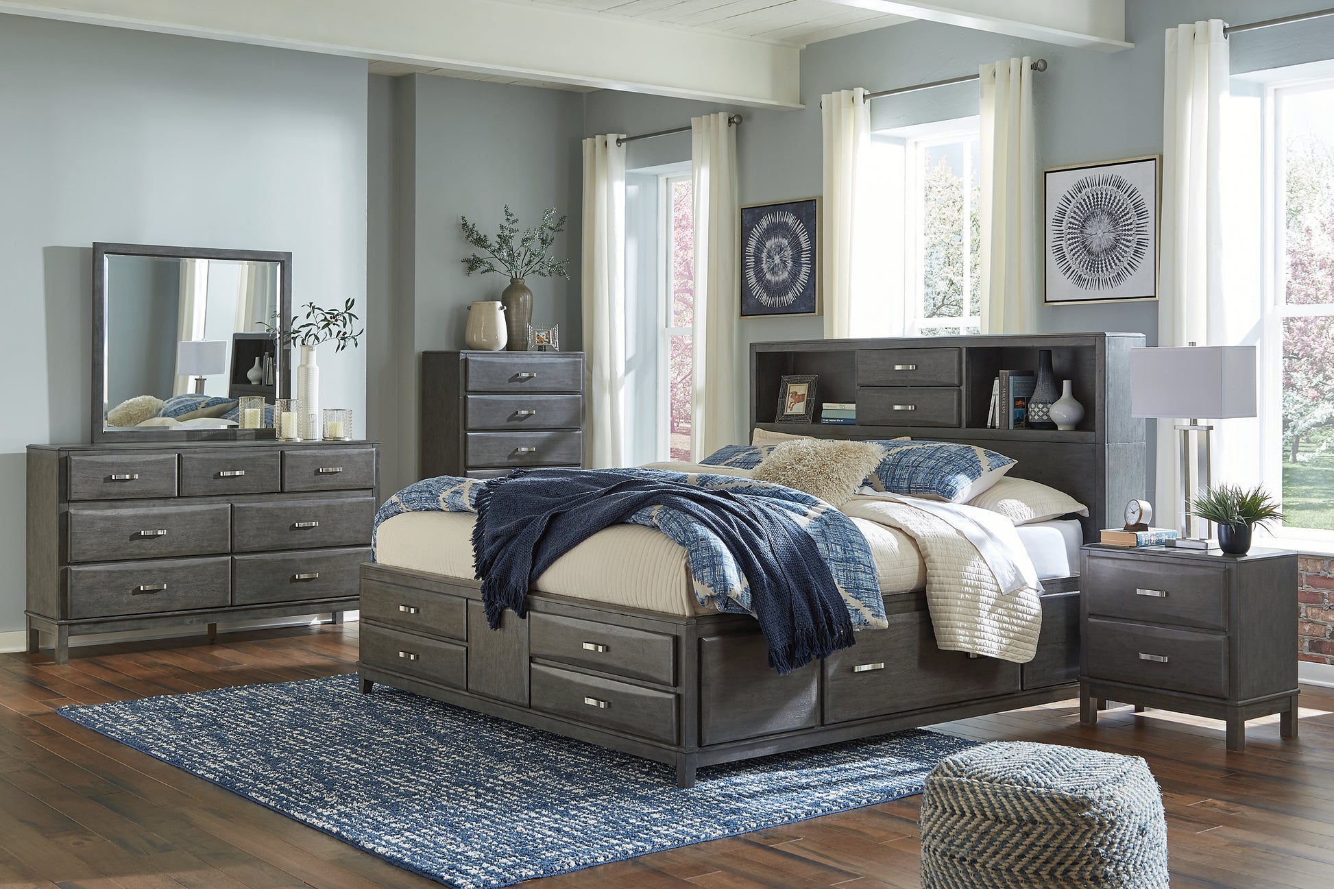 Caitbrook Queen Storage Bed with 8 Storage Drawers with Mirrored Dresser and 2 Nightstands Milwaukee Furniture of Chicago - Furniture Store in Chicago Serving Humbolt Park, Roscoe Village, Avondale, & Homan Square