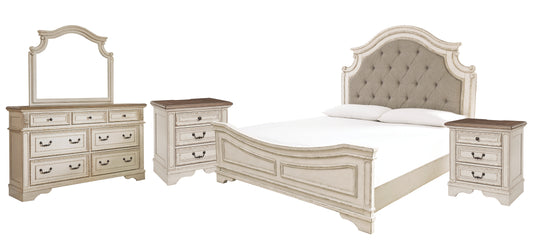 Realyn King Upholstered Panel Bed with Mirrored Dresser and 2 Nightstands Milwaukee Furniture of Chicago - Furniture Store in Chicago Serving Humbolt Park, Roscoe Village, Avondale, & Homan Square