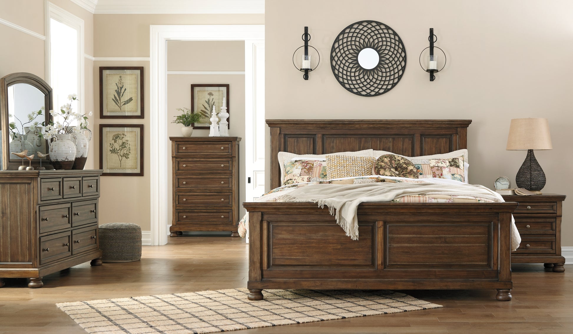 Flynnter Queen Panel Bed with Mirrored Dresser, Chest and Nightstand Milwaukee Furniture of Chicago - Furniture Store in Chicago Serving Humbolt Park, Roscoe Village, Avondale, & Homan Square