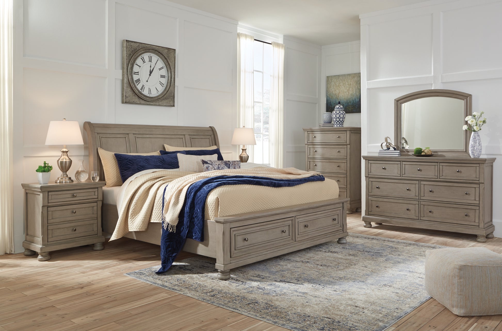 Lettner Queen Sleigh Bed with 2 Storage Drawers with Mirrored Dresser, Chest and 2 Nightstands Milwaukee Furniture of Chicago - Furniture Store in Chicago Serving Humbolt Park, Roscoe Village, Avondale, & Homan Square