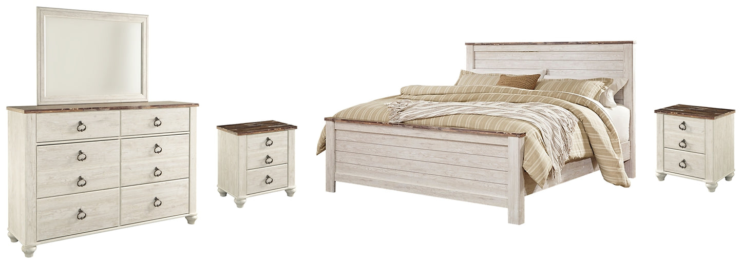 Willowton California King Panel Bed with Mirrored Dresser and 2 Nightstands Milwaukee Furniture of Chicago - Furniture Store in Chicago Serving Humbolt Park, Roscoe Village, Avondale, & Homan Square