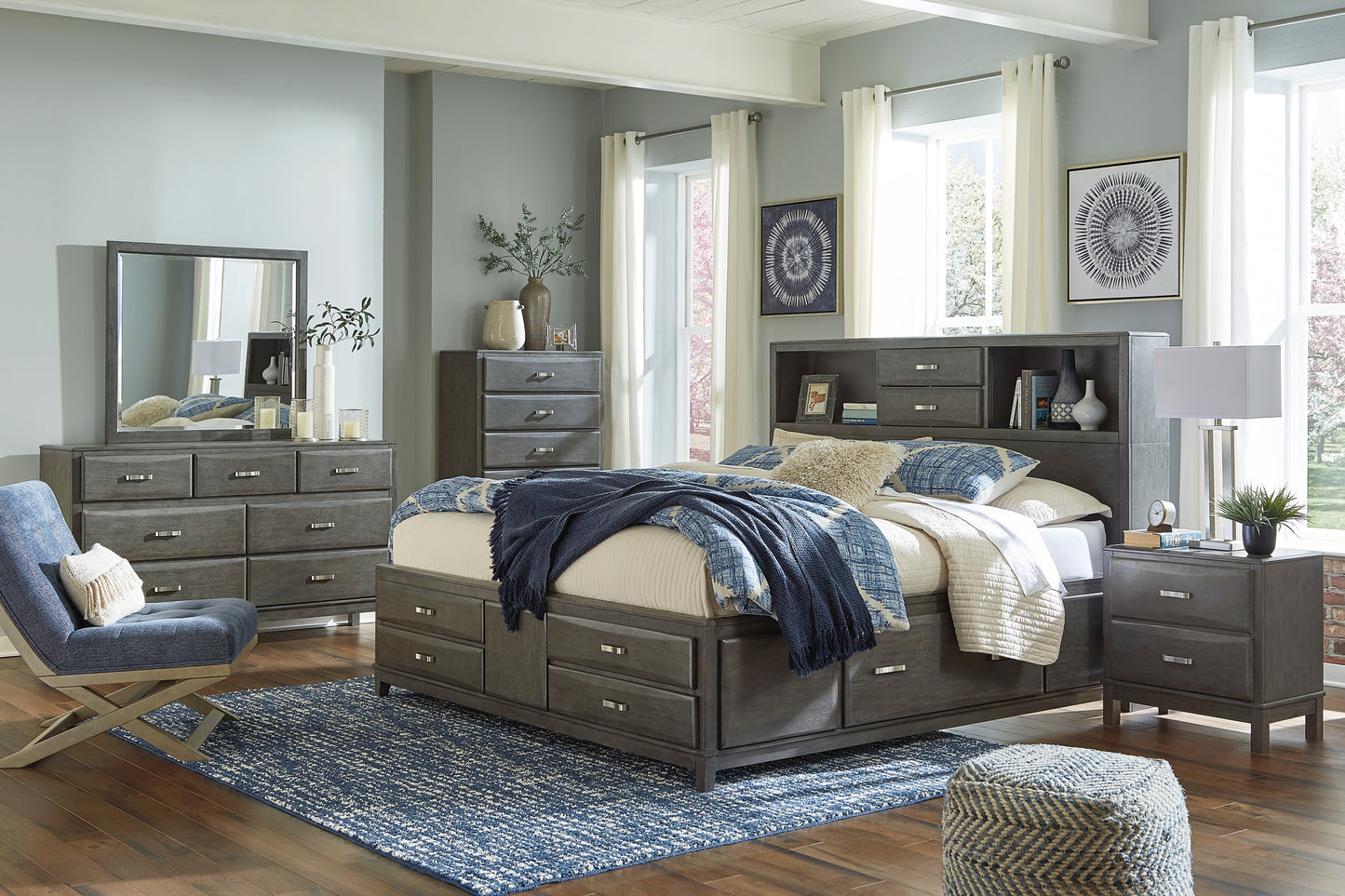 Caitbrook Queen Storage Bed with 8 Storage Drawers with Mirrored Dresser and 2 Nightstands Milwaukee Furniture of Chicago - Furniture Store in Chicago Serving Humbolt Park, Roscoe Village, Avondale, & Homan Square