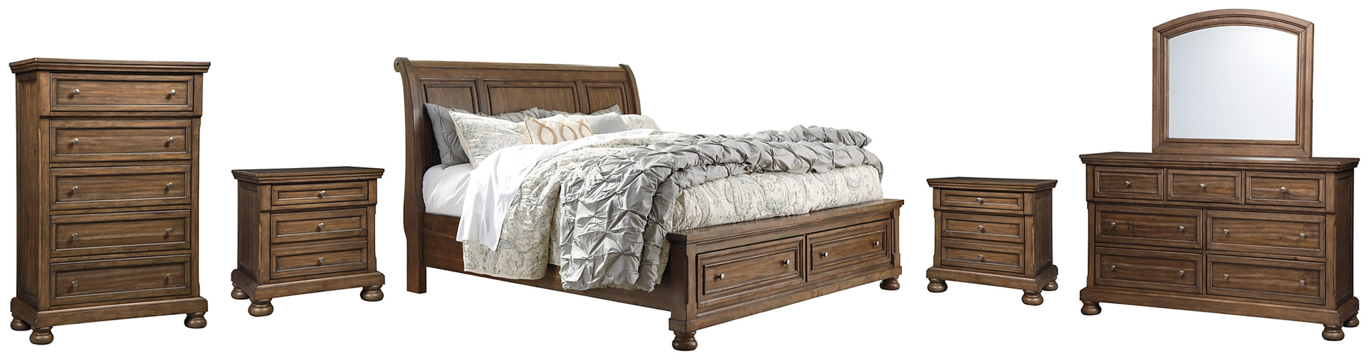 Flynnter Queen Sleigh Bed with 2 Storage Drawers with Mirrored Dresser, Chest and 2 Nightstands Milwaukee Furniture of Chicago - Furniture Store in Chicago Serving Humbolt Park, Roscoe Village, Avondale, & Homan Square